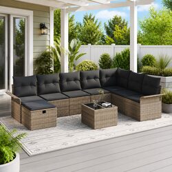 Outdoor Garden Sofa Set 9 Pcs Modular Poly Rattan Patio Furniture Black