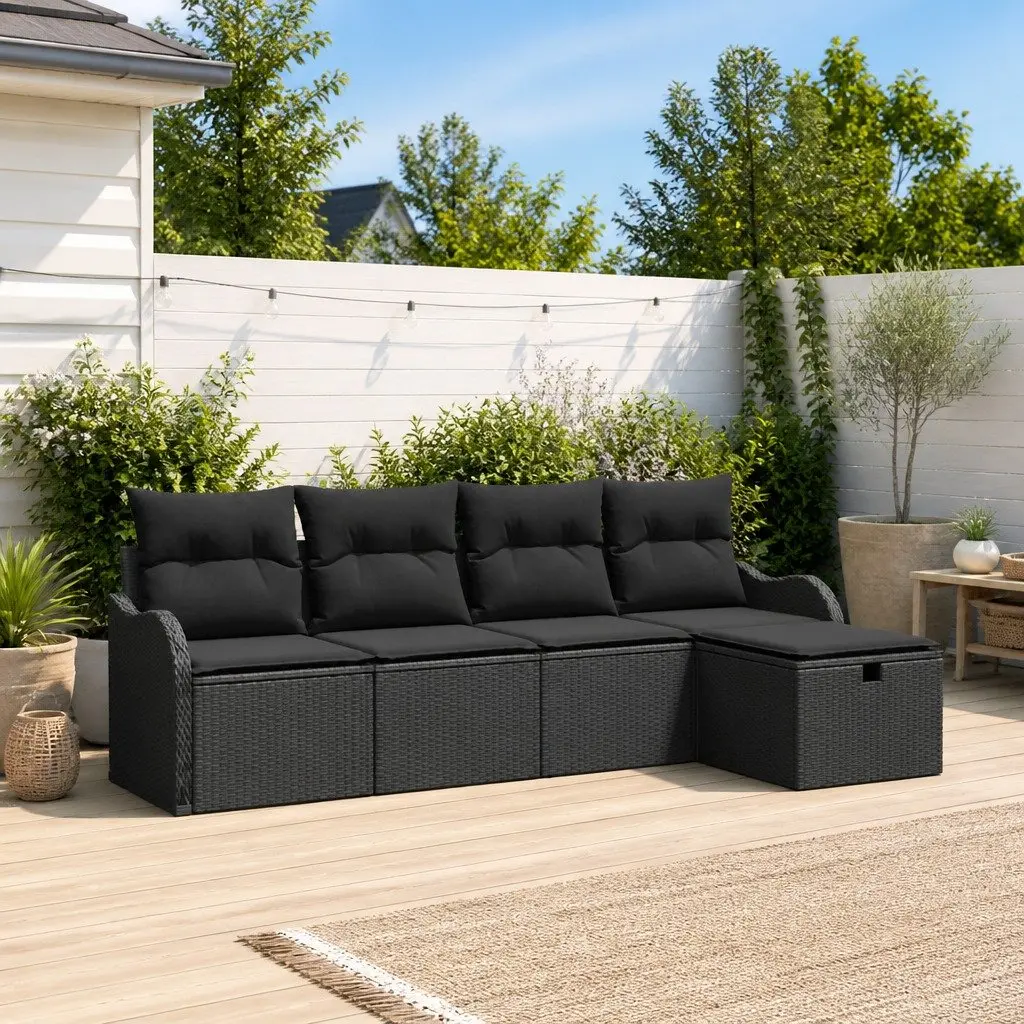 Outdoor Garden Sofa Set 5 Pieces Black Poly Rattan Modular Furniture Patio