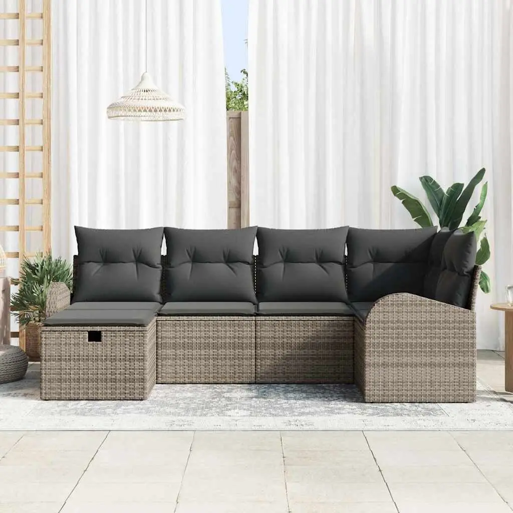 6-Piece Modular Garden Sofa Set Grey Poly Rattan Outdoor Patio Furniture with