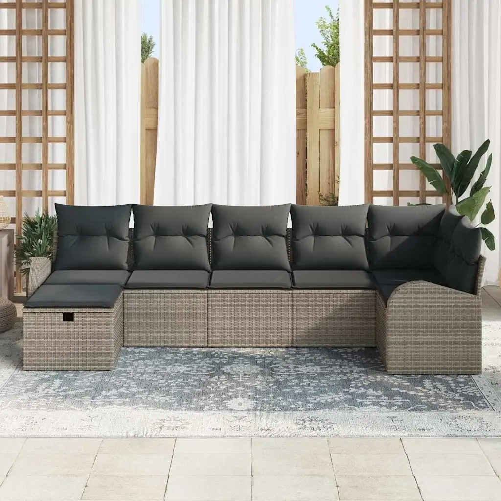 Garden Sofa Set Outdoor Furniture 7 Pieces Grey Poly Rattan Acacia Wood