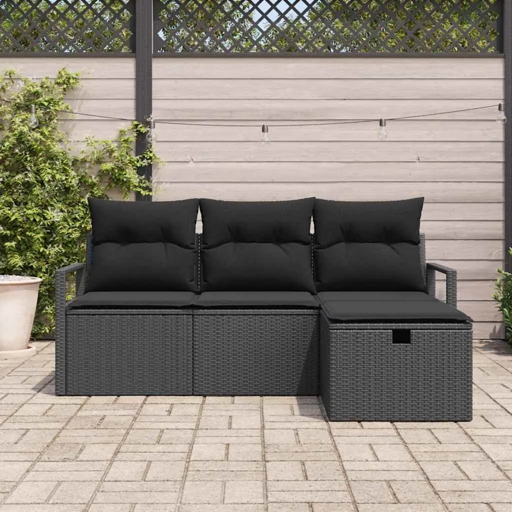 Modular Outdoor Sofa Set 4 Piece for Garden with Adjustable Table Black Poly Rattan and Steel Frame