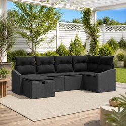 Outdoor Garden Sofa Set 7 Pcs Black Poly Rattan Patio Lounge Furniture with