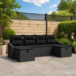 Black Outdoor Sofa Set: 6 Pieces of Poly Rattan Seating