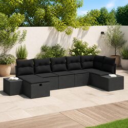 Outdoor Sofa Set 7 Pcs Poly Rattan Modular Garden Patio Seating Black Cushions