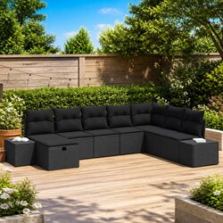 Outdoor Garden Sofa Set 8 Pieces Black Modular Rattan Seating with Cushions