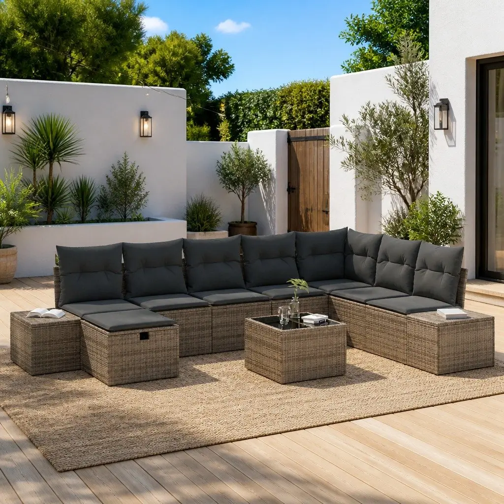 Modular Garden Sofa Set for Outdoor Living 9 Piece Grey Poly Rattan with Cushions