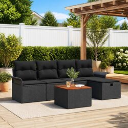 Outdoor Garden Sofa Set 6 Piece Black Poly Rattan Furniture with Cushions