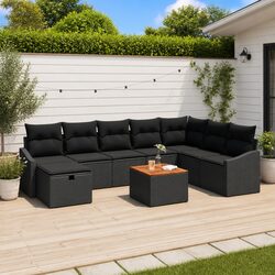 9-Piece Black Patio Sofa Set with Cushions and Storage
