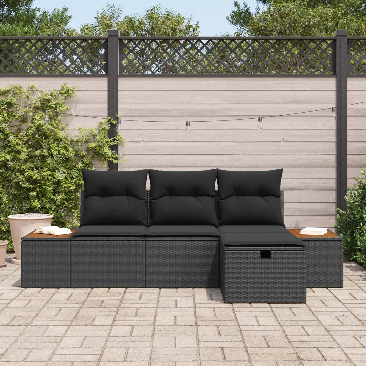 Modular Outdoor Garden Sofa Set for Garden and Terrace Black 4 Piece Poly Rattan Lounge Furniture