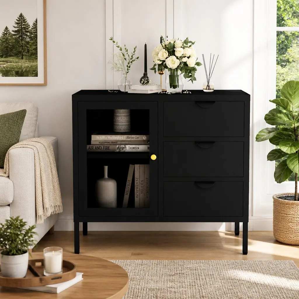 Black Steel and Glass Sideboard Cabinet