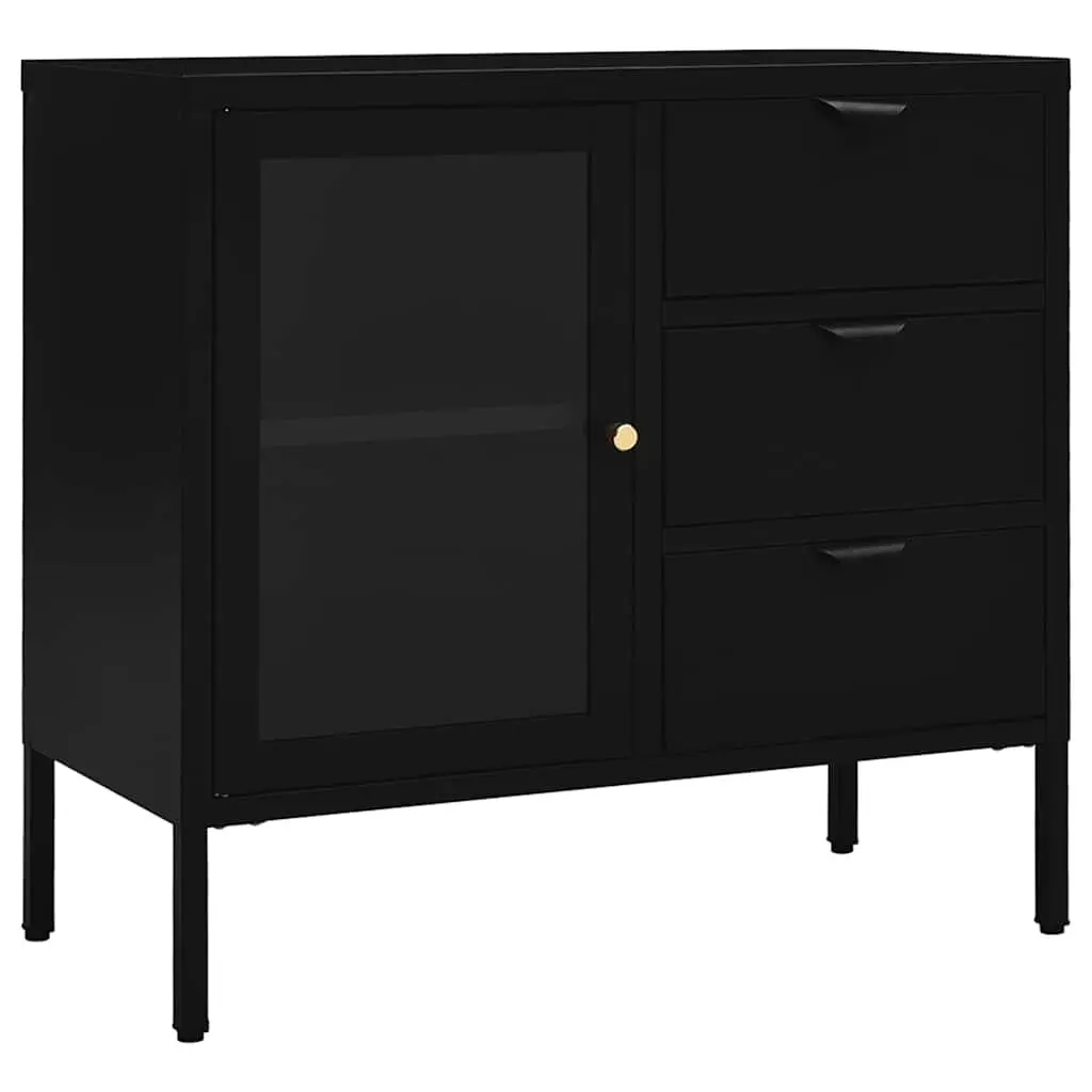 Black Steel and Glass Sideboard Cabinet