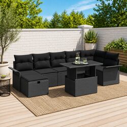 8-Piece Black Rattan Modular Sofa Set with Adjustable Table