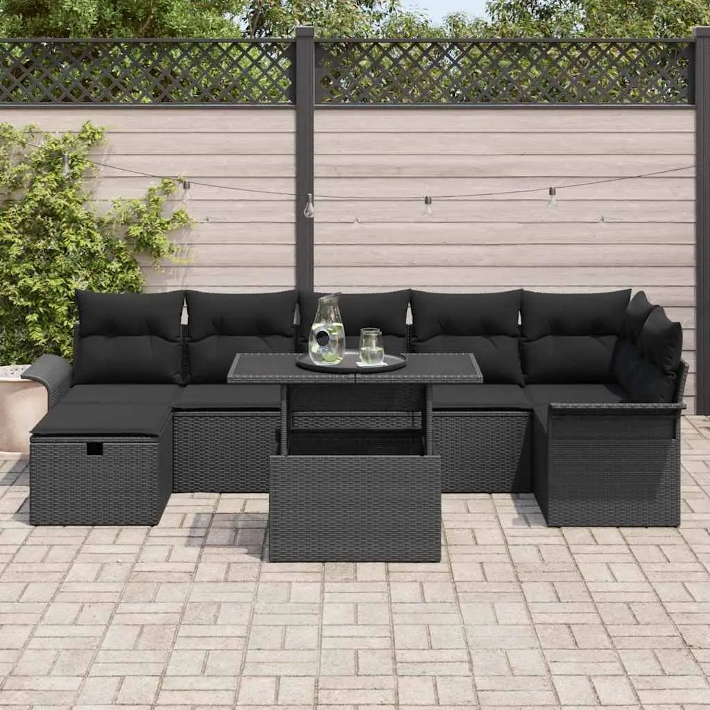 8-Piece Black Rattan Modular Sofa Set with Adjustable Table