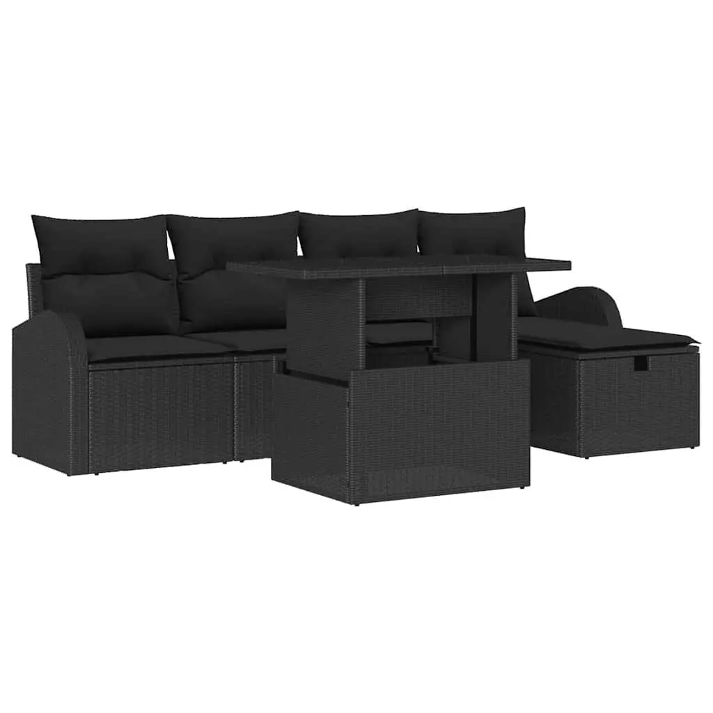 Modular Garden Sofa Set 6 Piece Outdoor Furniture with Cushions Black Poly