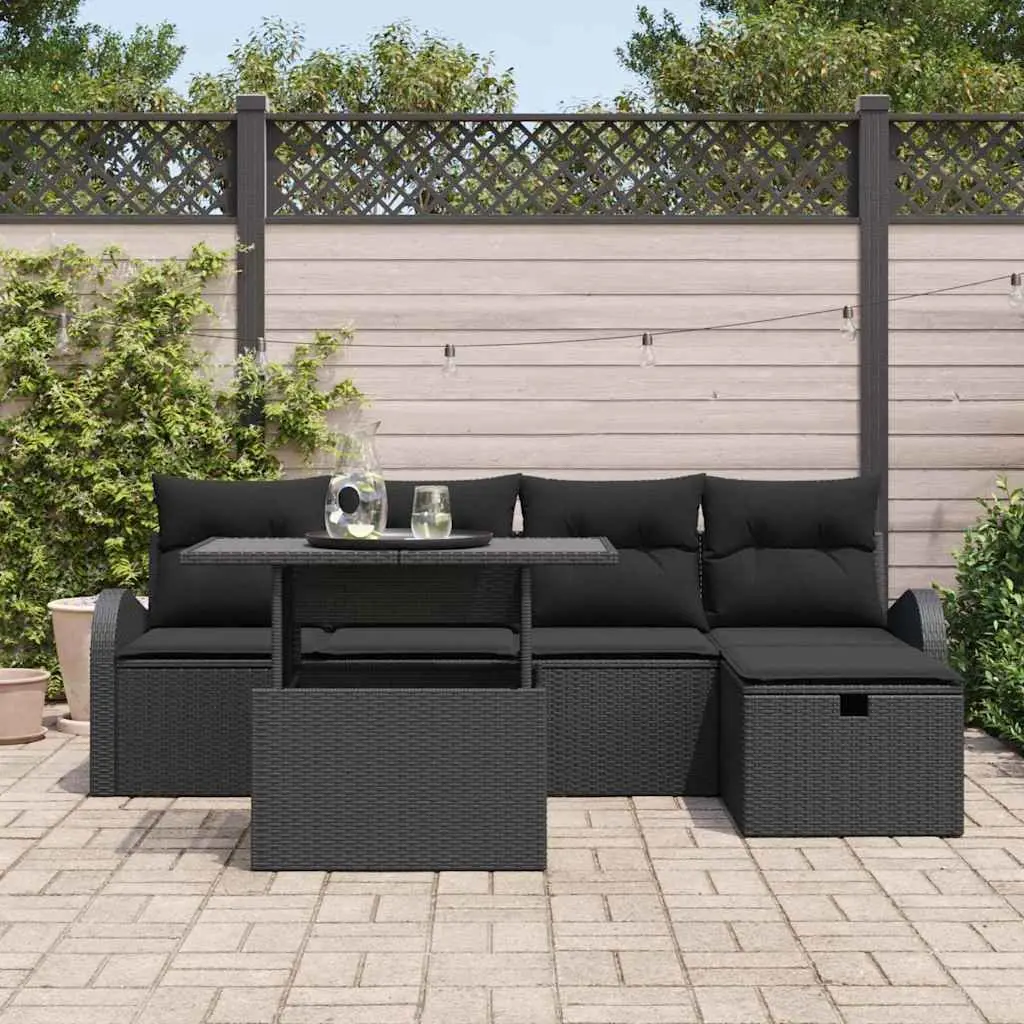 Modular Garden Sofa Set 6 Piece Outdoor Furniture with Cushions Black Poly