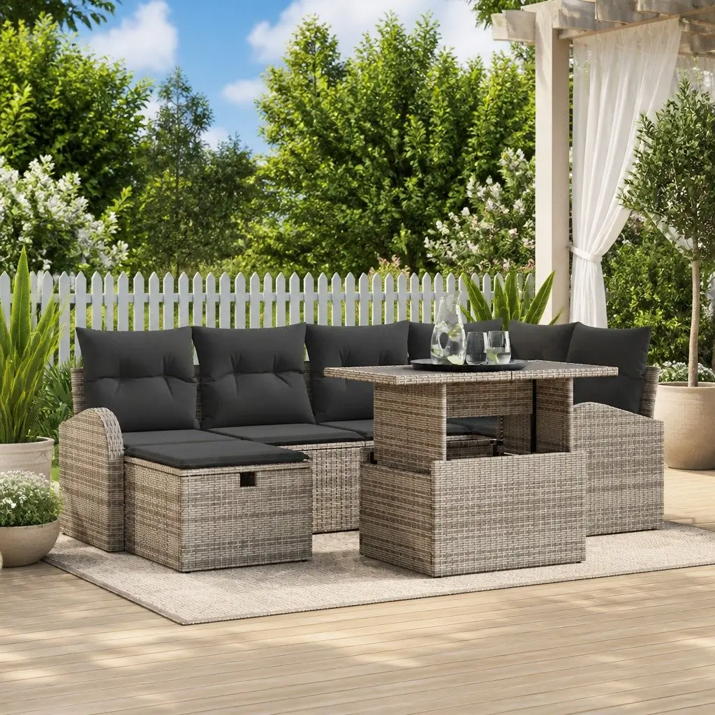 Modular Garden Sofa Set 7 Pieces Outdoor Furniture Grey Poly Rattan Adjustable Table with Integrated Storage