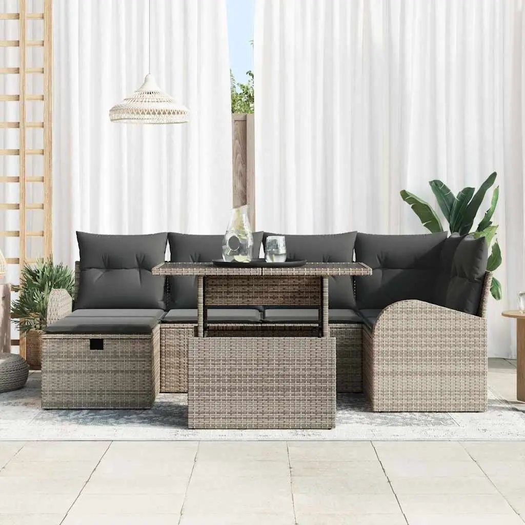 Modular Garden Sofa Set 7 Pieces Outdoor Furniture Grey Poly Rattan Adjustable Table with Integrated Storage