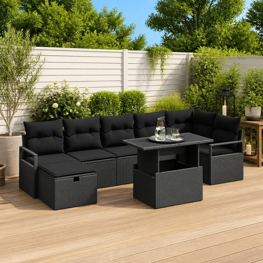 8 Piece Modular Outdoor Sofa Set for Garden Patio Black Poly Rattan with Adjustable Table