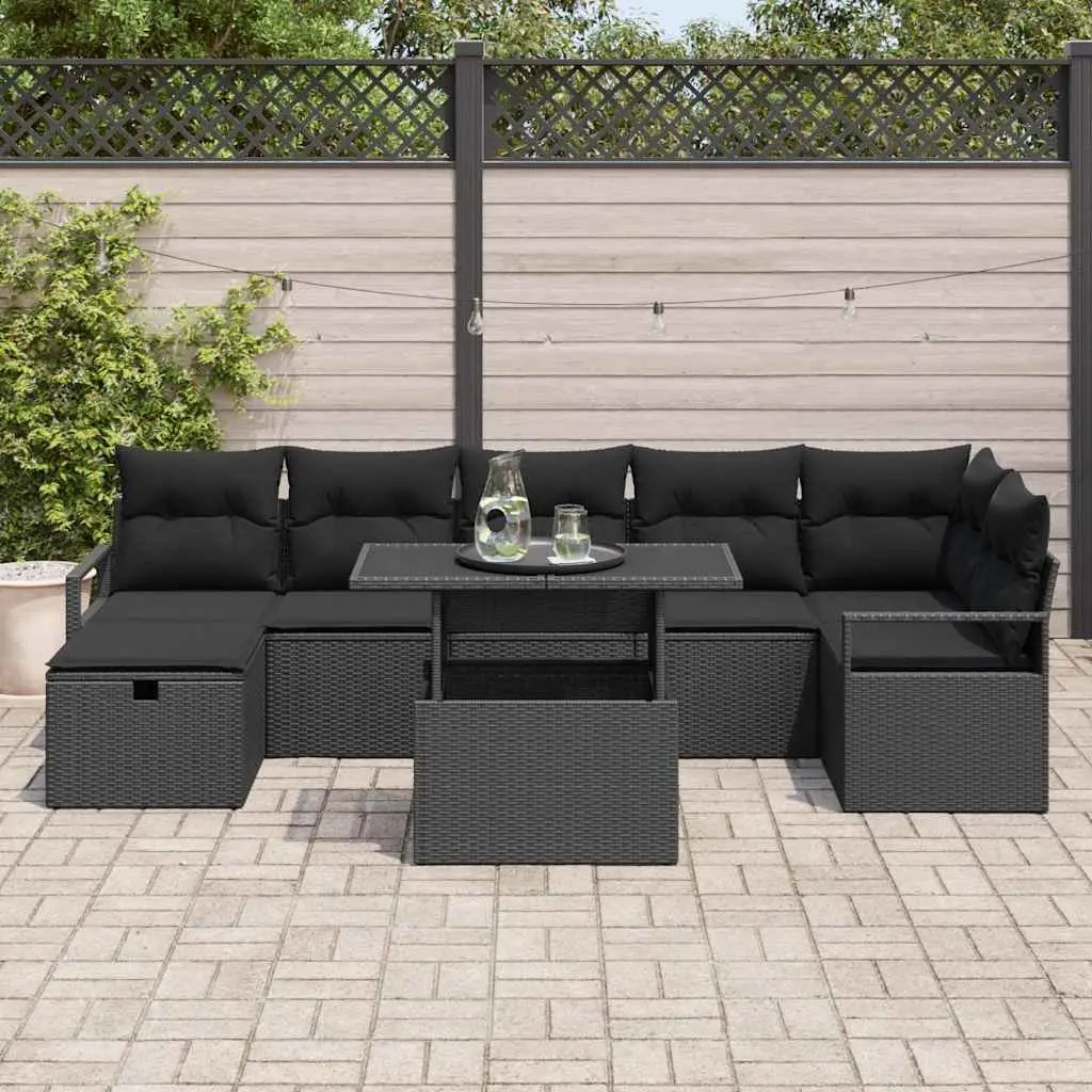 8 Piece Modular Outdoor Sofa Set for Garden Patio Black Poly Rattan with Adjustable Table