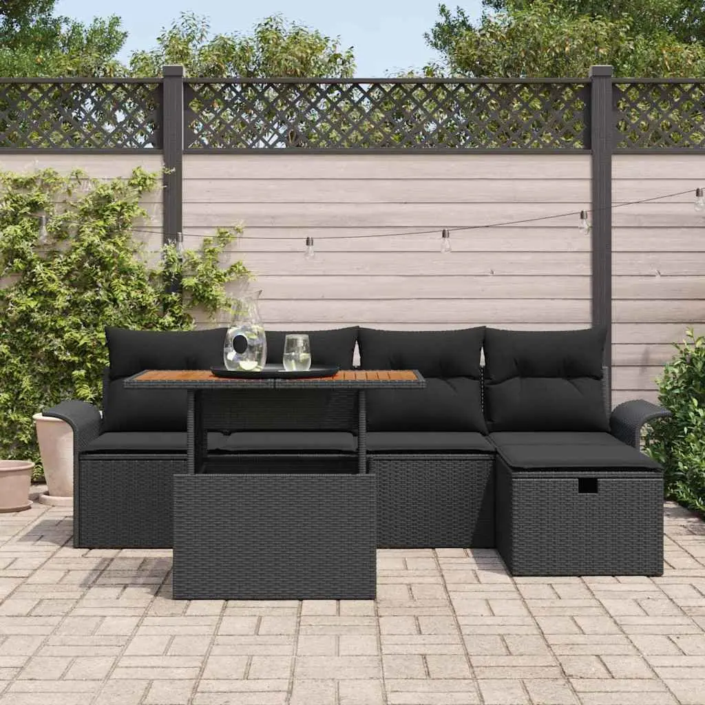 Garden Sofa Set 6-Piece Outdoor Furniture Height Adjustable Black Poly Rattan