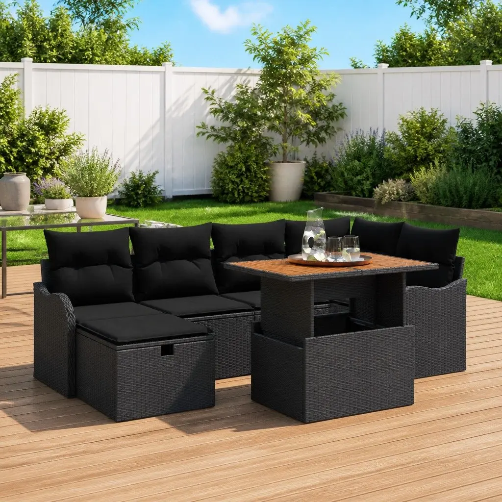 7PieceBlackPolyRattanHeightAdjustableSofaSetforOutdoorGardenPatio