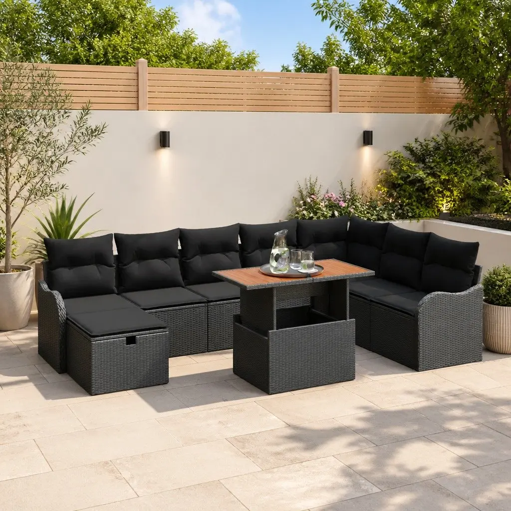 9PieceBlackPolyRattanGardenLoungeSetWithSteelLegsAndAcaciaWoodTableForOutdoorUse