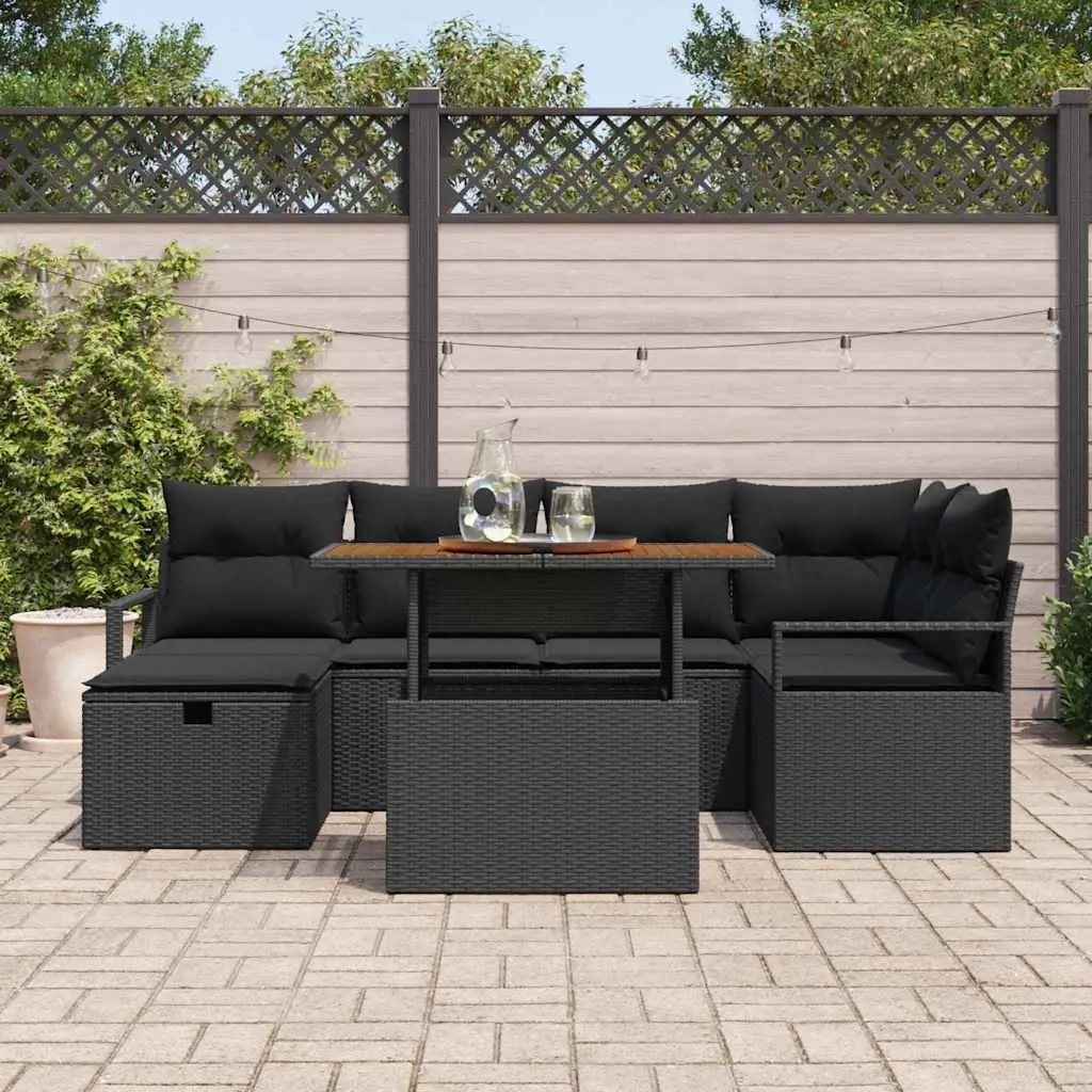 Garden Sofa Set 7 Piece Outdoor Furniture Height Adjustable Black Poly Rattan