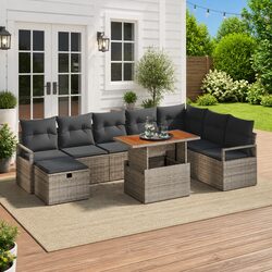 9-Piece Height-Adjustable Grey Rattan Sofa Set