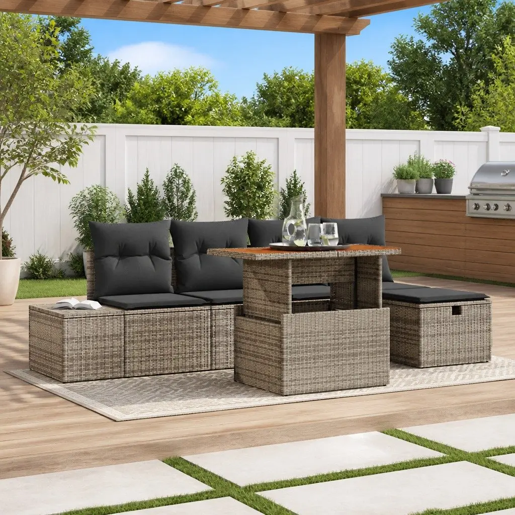 Garden Sofa Set Outdoor Furniture Height-Adjustable 6 Piece Grey Poly Rattan