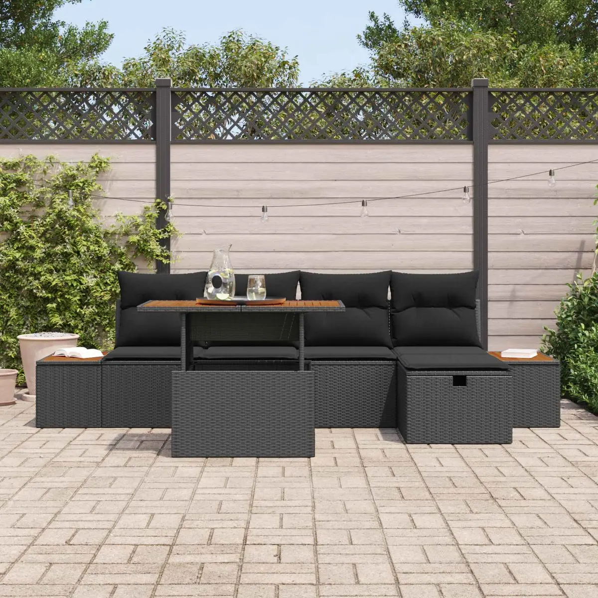 Garden Sofa Set Outdoor Furniture 6 Piece Height-Adjustable Black Rattan