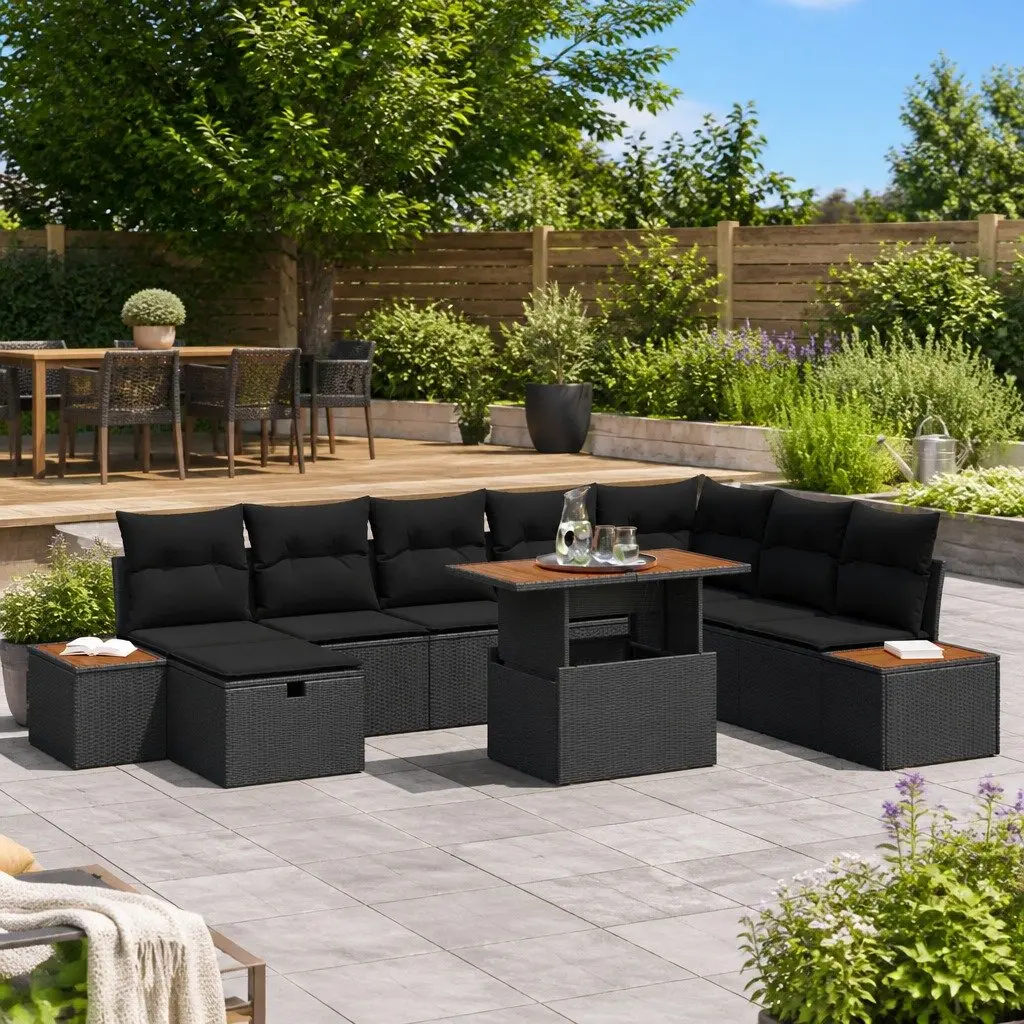 Modular 9 Piece Black Poly Rattan Lounge Set for Outdoor Garden with Hidden Storage