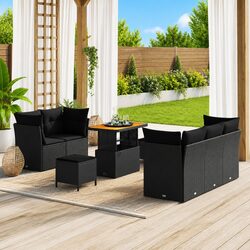 Modular Garden Sofa Set - 8 Pieces, Black Rattan & Wood