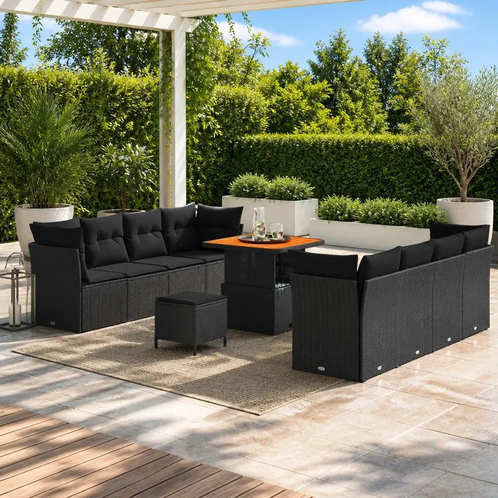 Garden Sofa Set 11 Pieces Outdoor Furniture Height-Adjustable Black Poly Rattan
