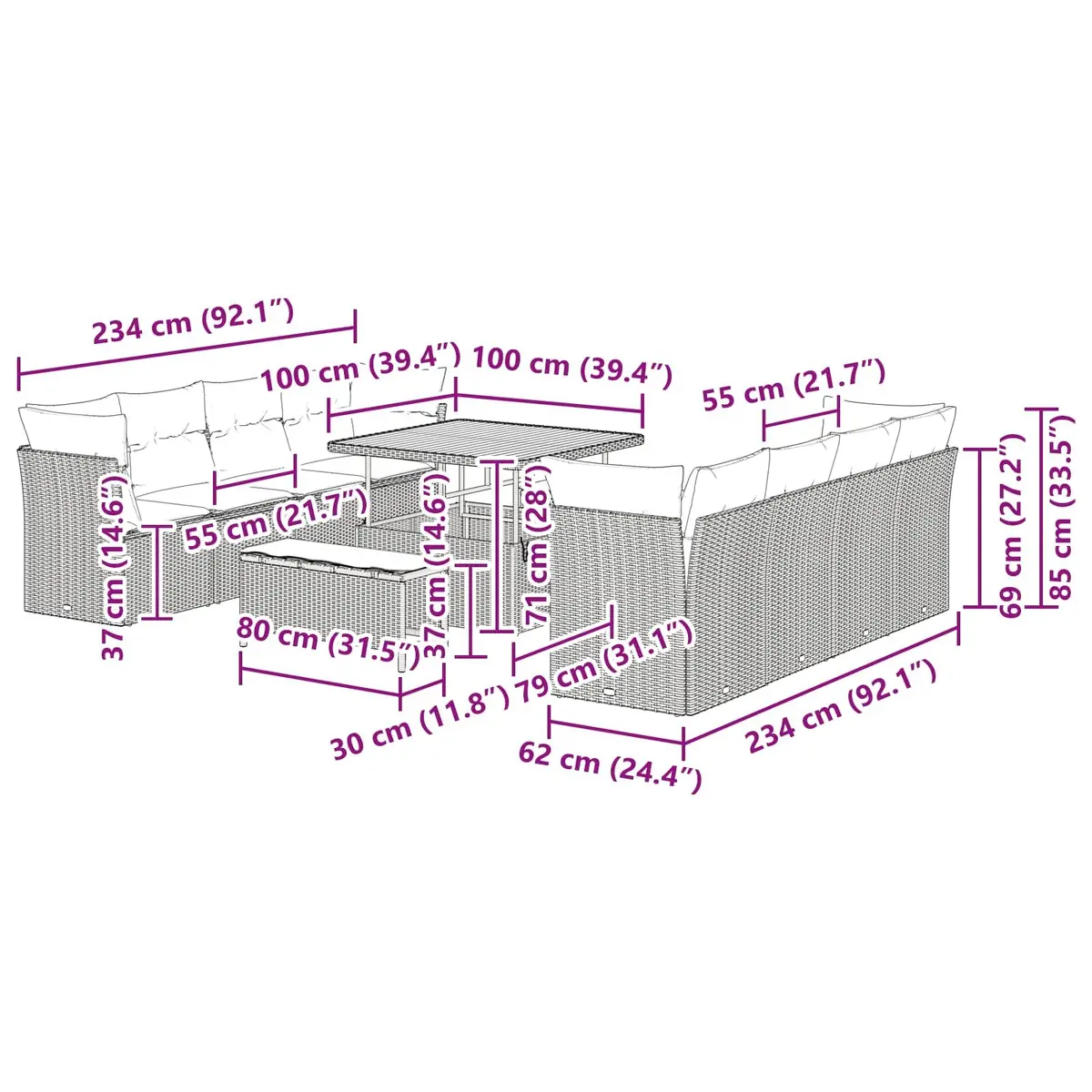 Outdoor Garden Sofa Set 11 Pieces Modular Black Poly Rattan Patio Furniture