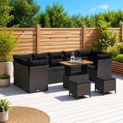 10-Piece Garden Sofa Set - Poly Rattan & Acacia Wood