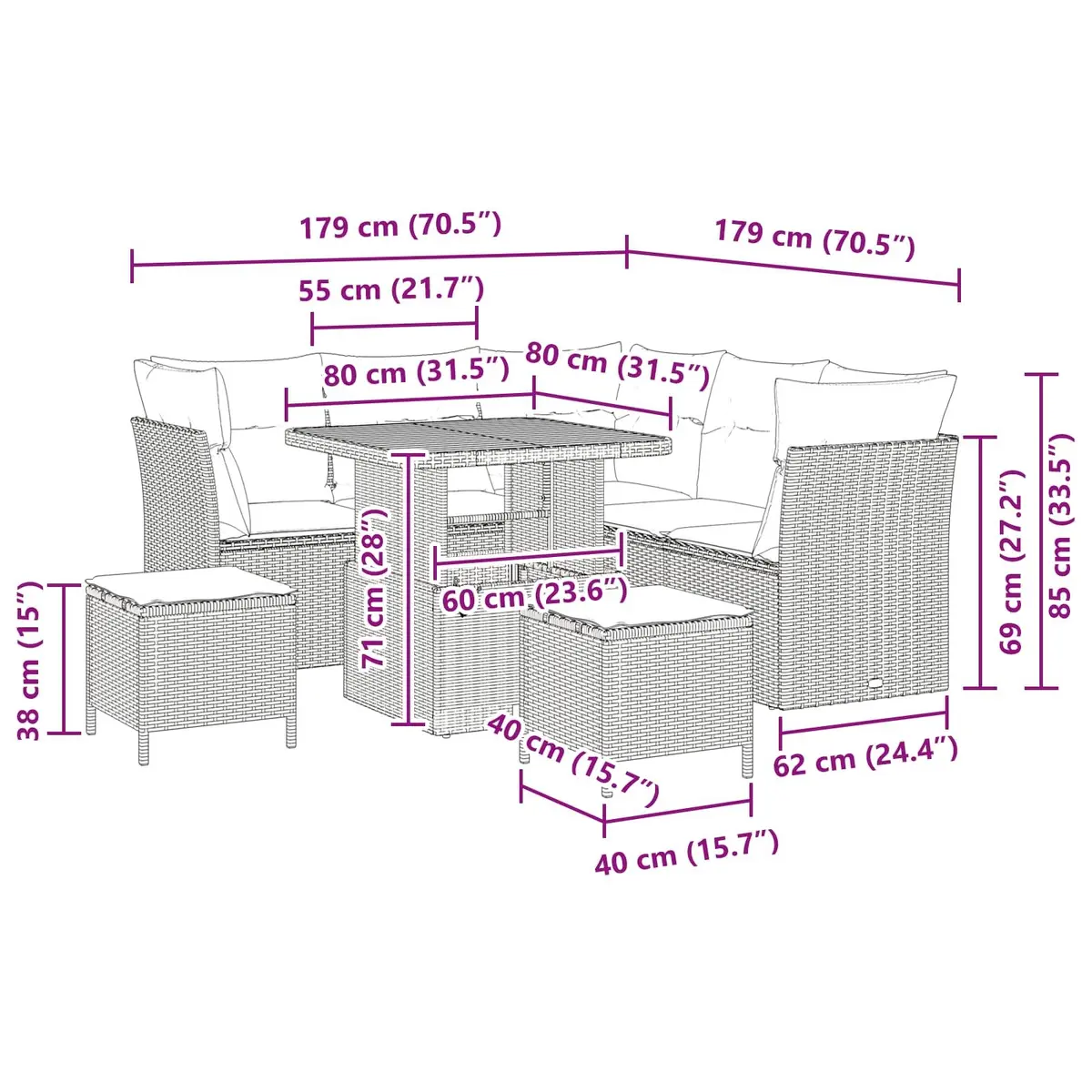 Garden Sofa Set Outdoor Modular 8 Pieces Poly Rattan Lounge Patio Black