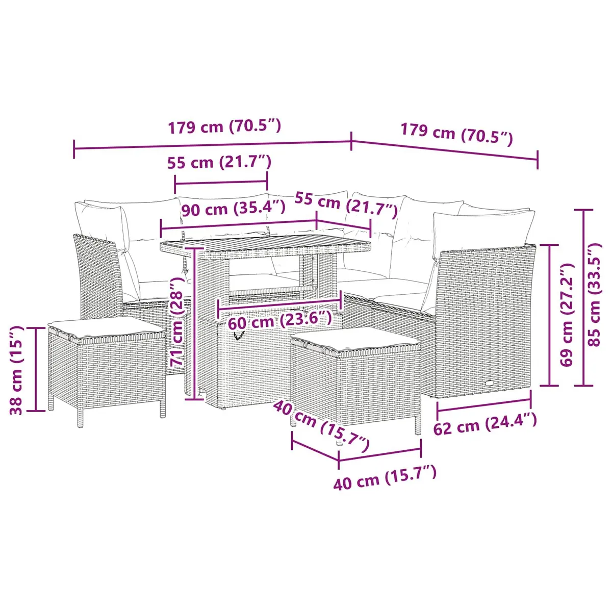 Outdoor Garden Sofa Set 8 Pieces Modular Black Poly Rattan Patio Furniture