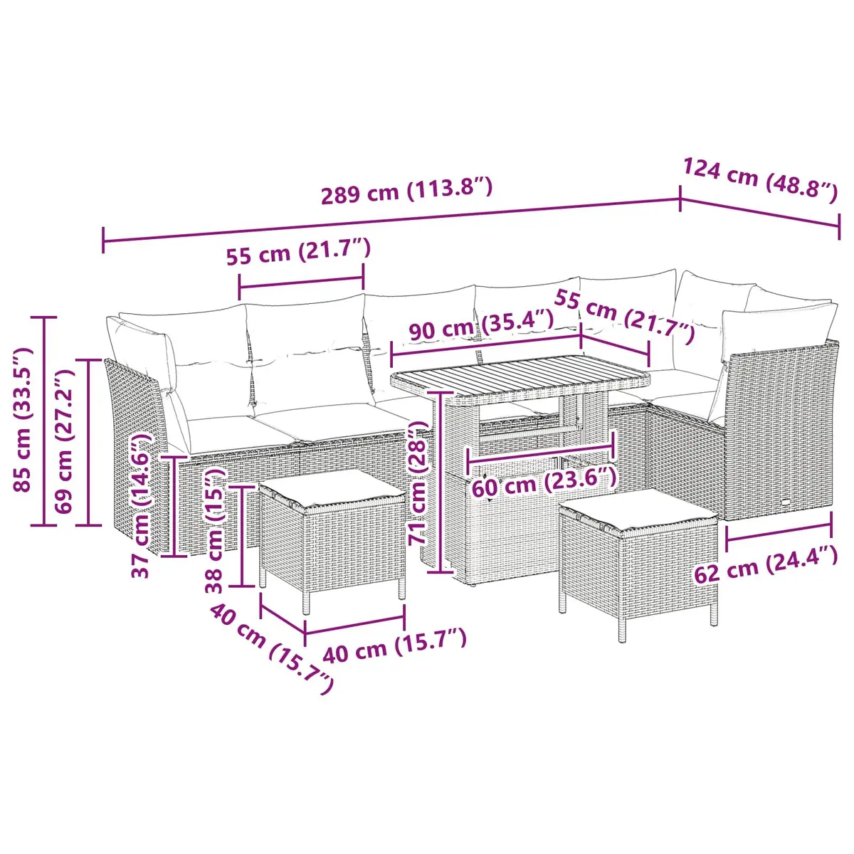 Garden Sofa Set Outdoor Use 9 Piece Modular Black Poly Rattan Patio Lounge