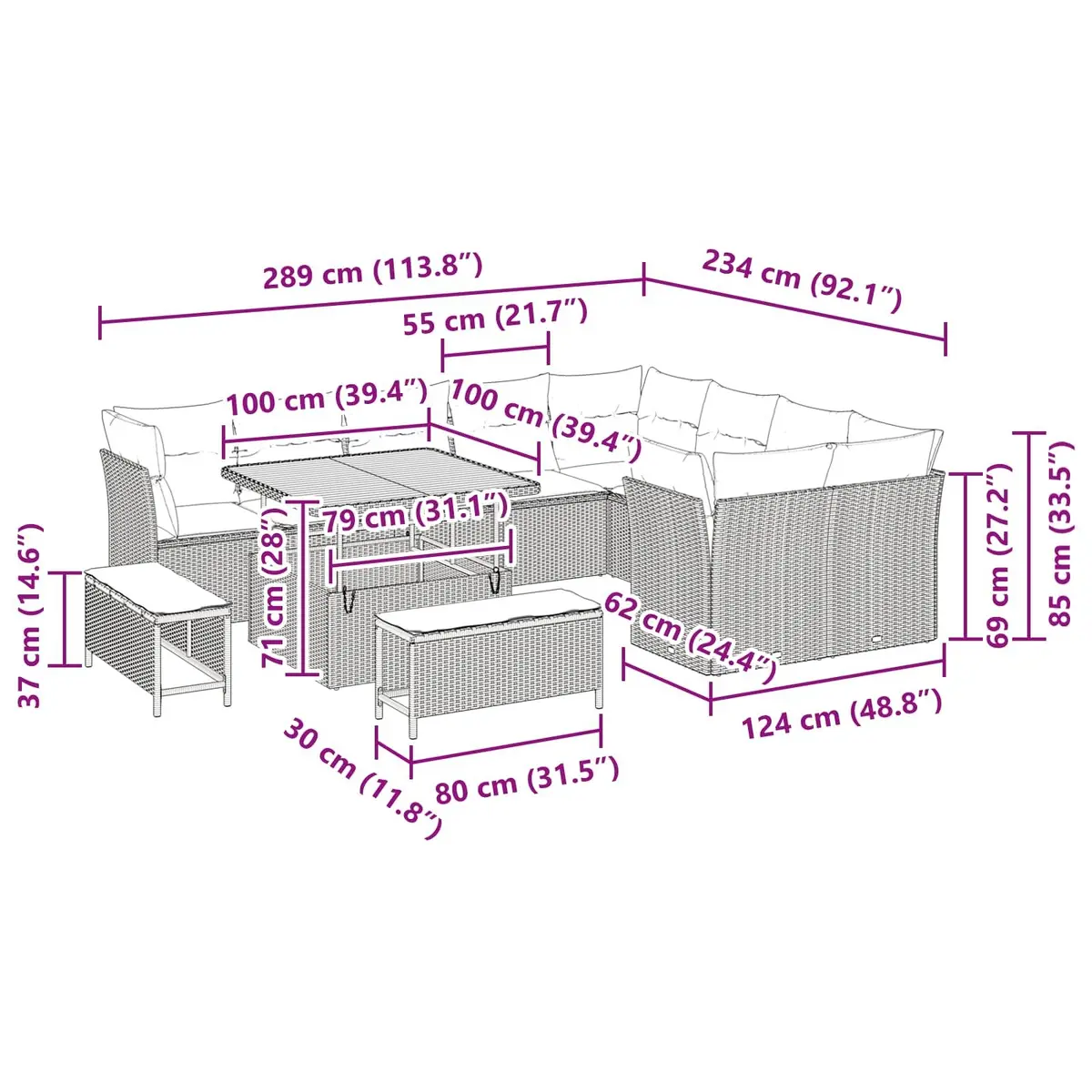 Modular12PieceGardenSofaSetHeightAdjustableBlackPolyRattanOutdoorFurniture