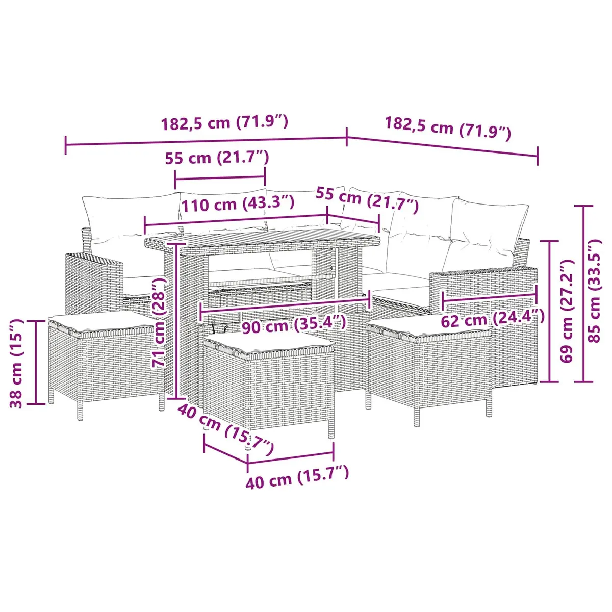 Modular Outdoor Garden Sofa Set 9 Piece Black Poly Rattan Seating Collection