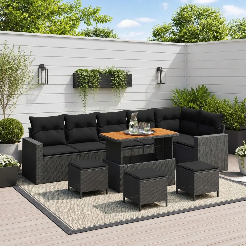 Modular Outdoor Garden Sofa Set 10 Pieces Height Adjustable Black Poly Rattan