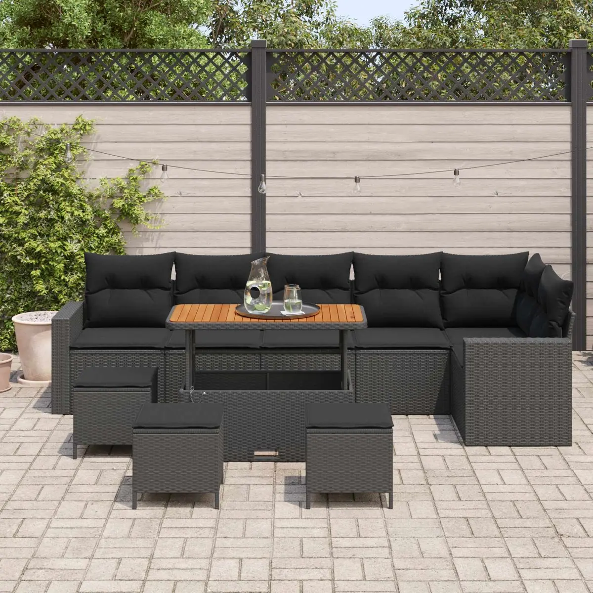 Modular Outdoor Garden Sofa Set 10 Pieces Height Adjustable Black Poly Rattan