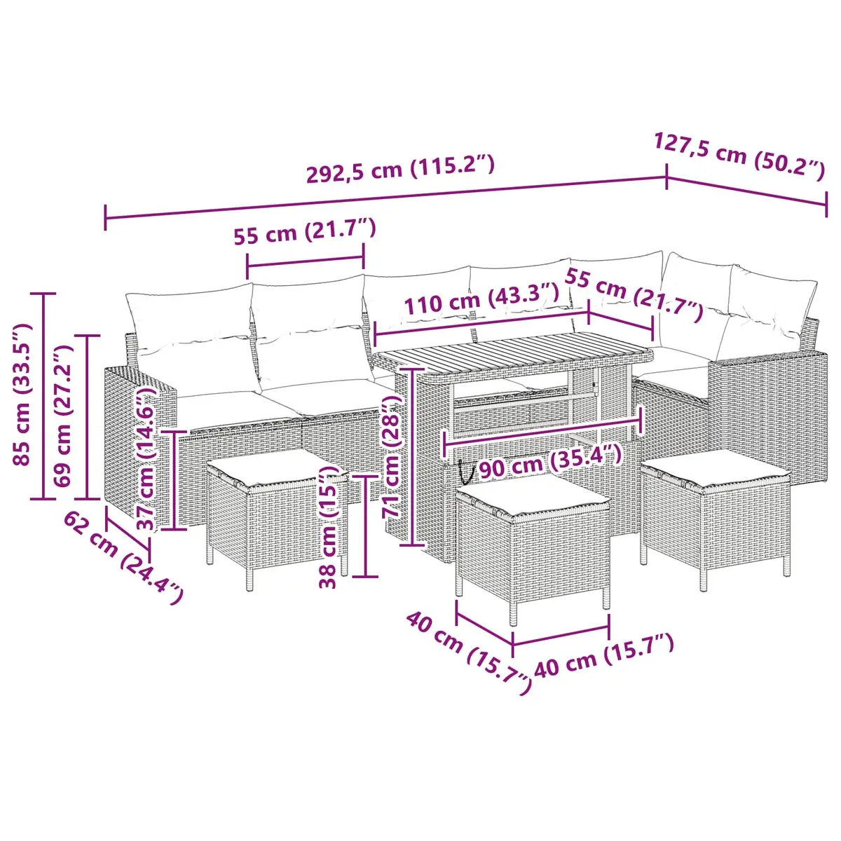 Modular Outdoor Garden Sofa Set 10 Pieces Height Adjustable Black Poly Rattan