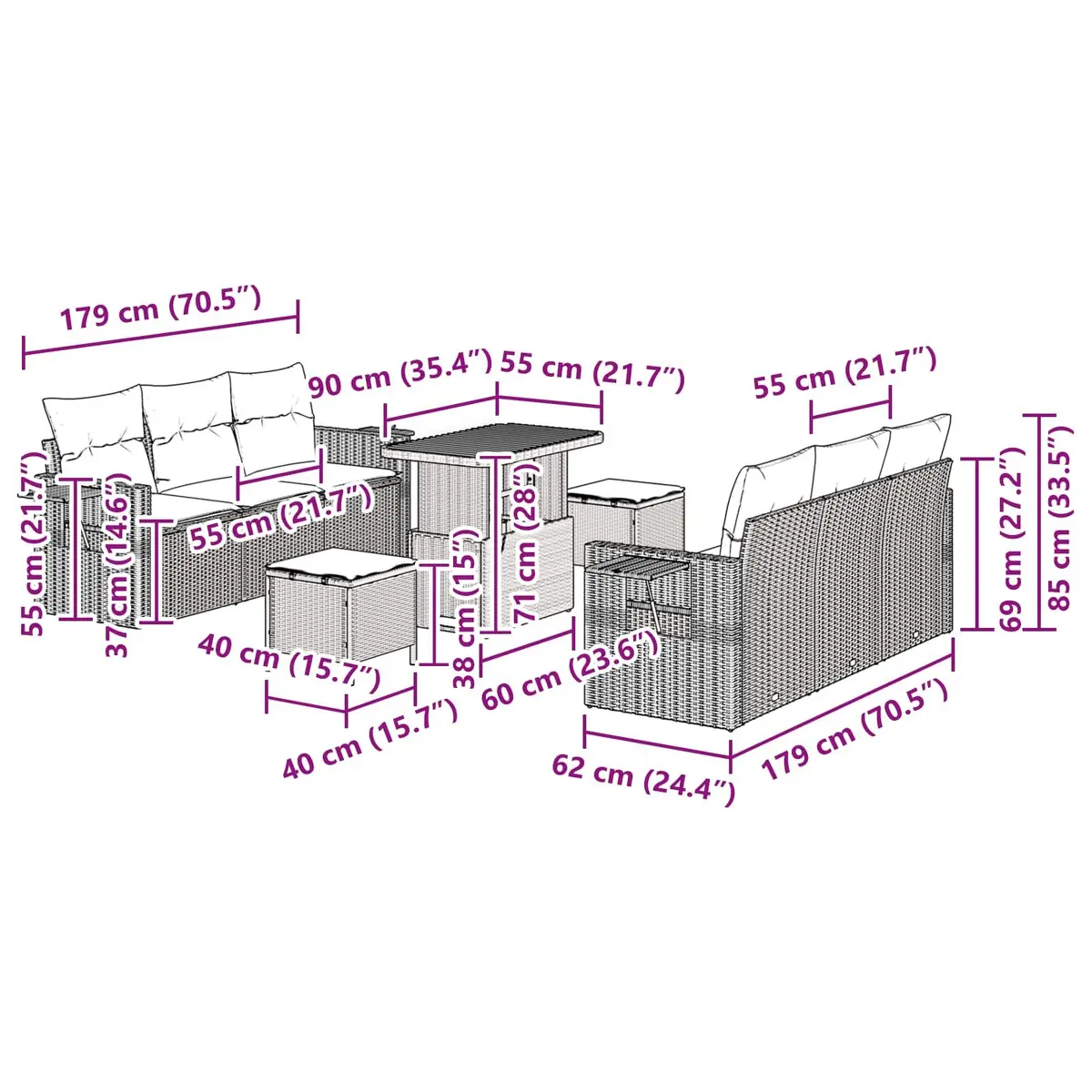 Modular Garden Sofa Set Outdoor Furniture Black Poly Rattan