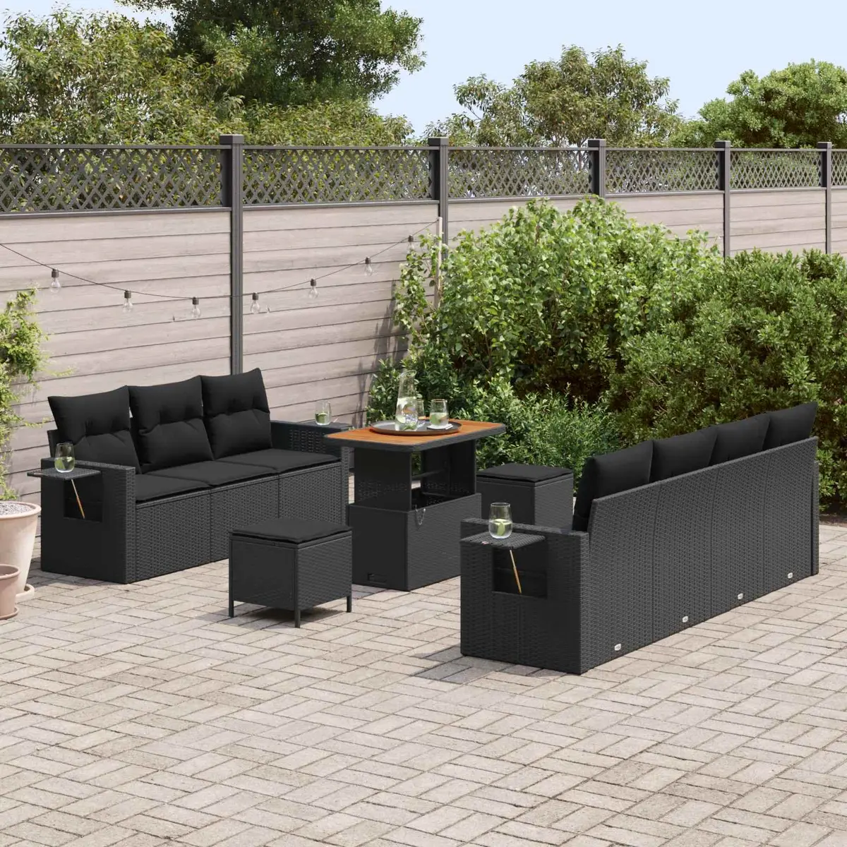 Garden Sofa Set 10-Piece Black Poly Rattan with Table
