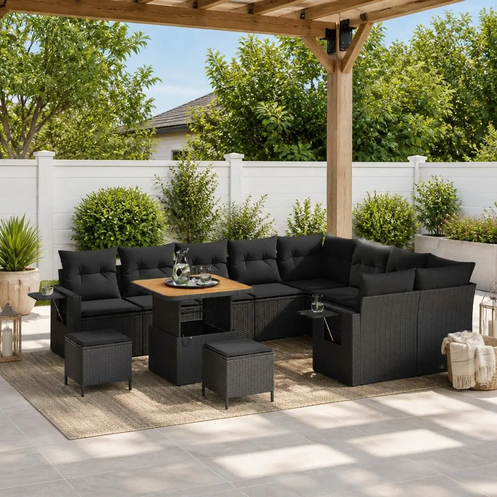 Garden Sofa Set Outdoor Furniture Height-Adjustable 12-Piece Black Poly Rattan