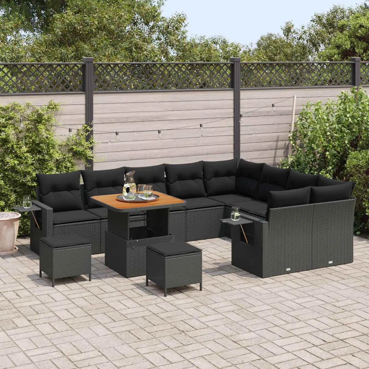 Garden Sofa Set Outdoor Furniture Height-Adjustable 12-Piece Black Poly Rattan
