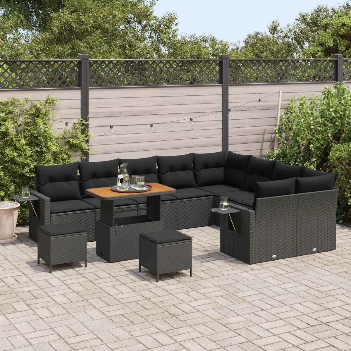 Garden Sofa Set 12 Pieces Height-Adjustable Outdoor Furniture Black Poly Rattan