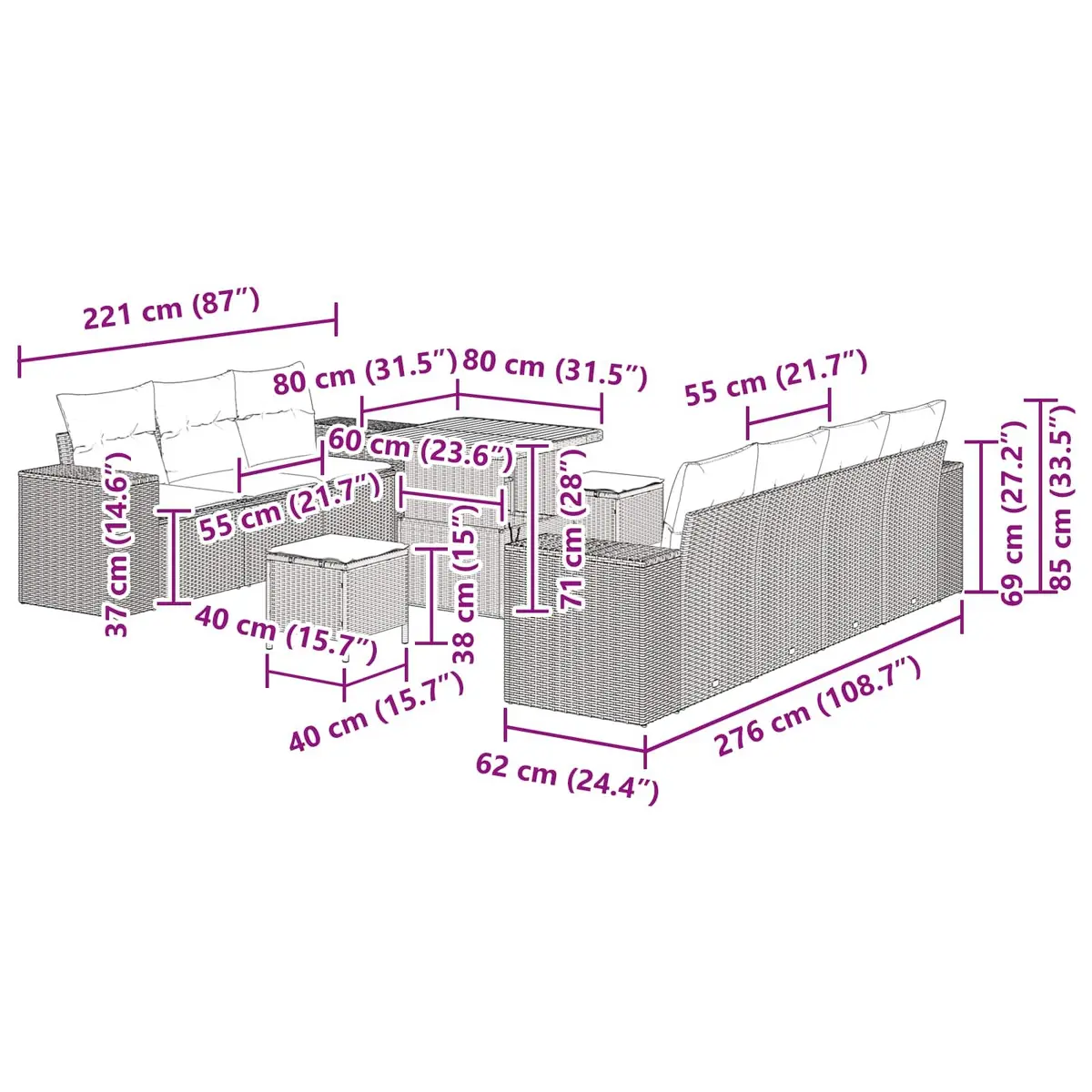 Modular Garden Sofa Set Outdoor Use 10 Piece Black
