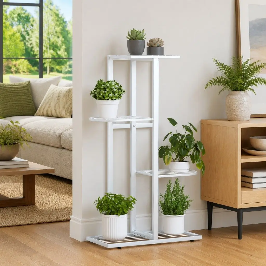 4-Tier Plant Stand Metal White for Garden Home Decoration 43 x 22 x 76 cm